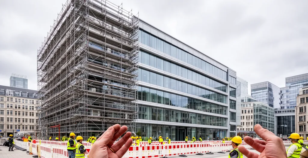 Immeuble de bureaux moderne en cours de rénovation avec échafaudages partiels dans un quartier d'affaires européen