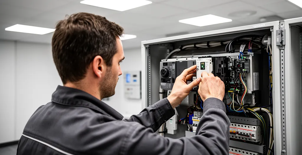 Technicien européen inspectant une installation technique dans un local tertiaire moderne