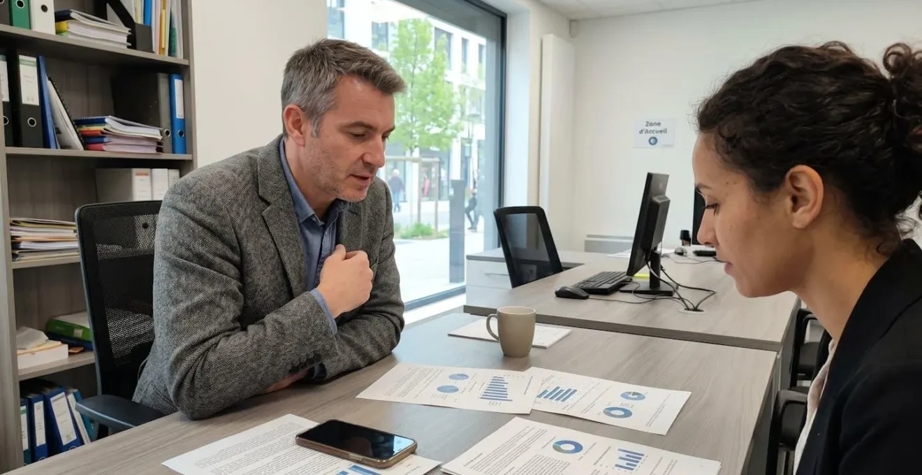 Une conseillère bancaire professionnelle explique un document de simulation de prêt à un client dans un bureau moderne avec lumière naturelle provenant d'une large baie vitrée