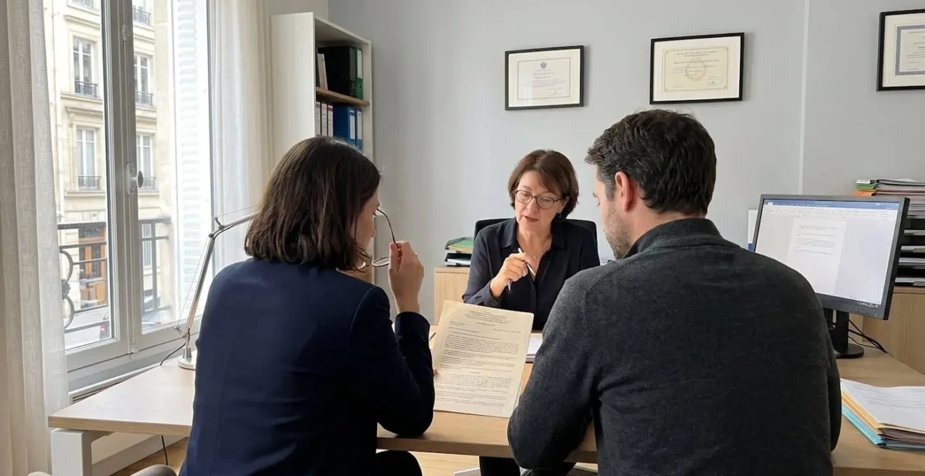 Un couple vu de dos signe des documents officiels sur le bureau d'une étude notariale lors de la signature de l'acte authentique de vente, lumière douce provenant d'une fenêtre latérale