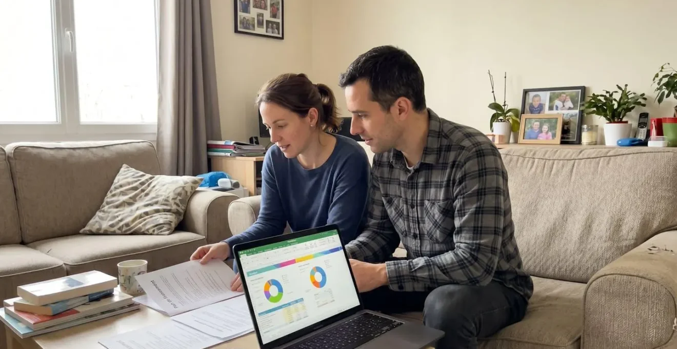 Un jeune couple de trentenaires consulte des documents de financement immobilier sur une table basse avec un ordinateur portable ouvert, dans un salon moderne aux tons clairs et lumineux