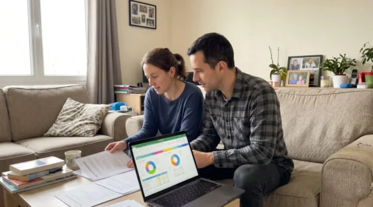 Un jeune couple de trentenaires consulte des documents de financement immobilier sur une table basse avec un ordinateur portable ouvert, dans un salon moderne aux tons clairs et lumineux