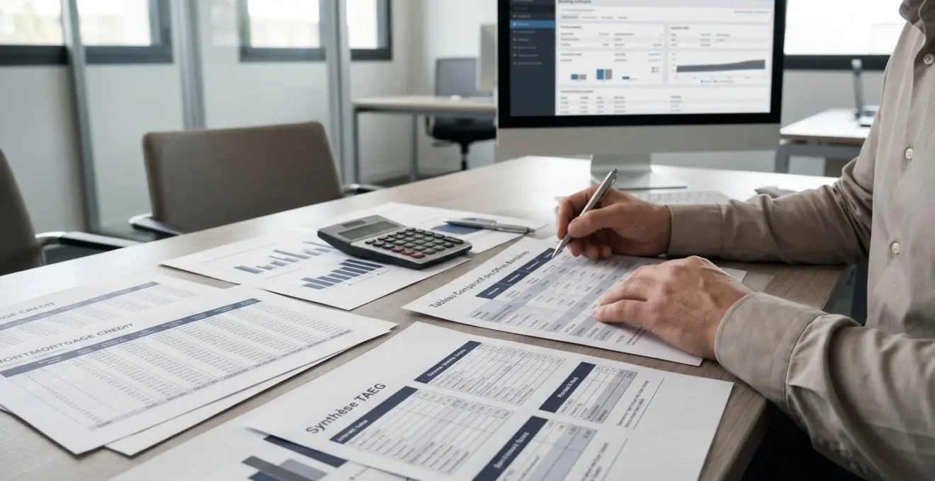 Bureau de conseiller financier avec documents de crédit immobilier étalés, tableaux d'amortissement et grilles de taux, calculatrice professionnelle et mains annotant un comparatif d'offres bancaires