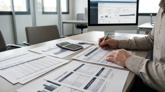 Bureau de conseiller financier avec documents de crédit immobilier étalés, tableaux d'amortissement et grilles de taux, calculatrice professionnelle et mains annotant un comparatif d'offres bancaires