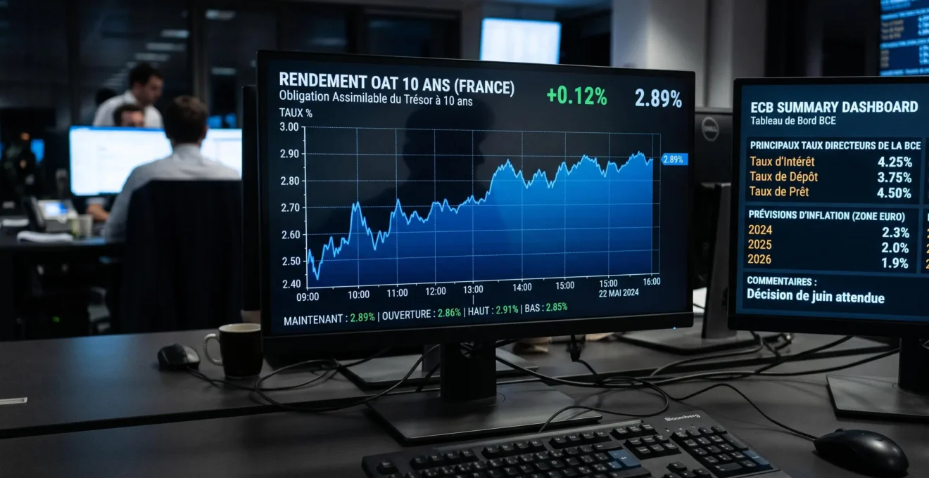 Écran professionnel affichant courbe de taux OAT 10 ans français avec graphique en temps réel et échelle de rendement, clavier de trading visible au premier plan