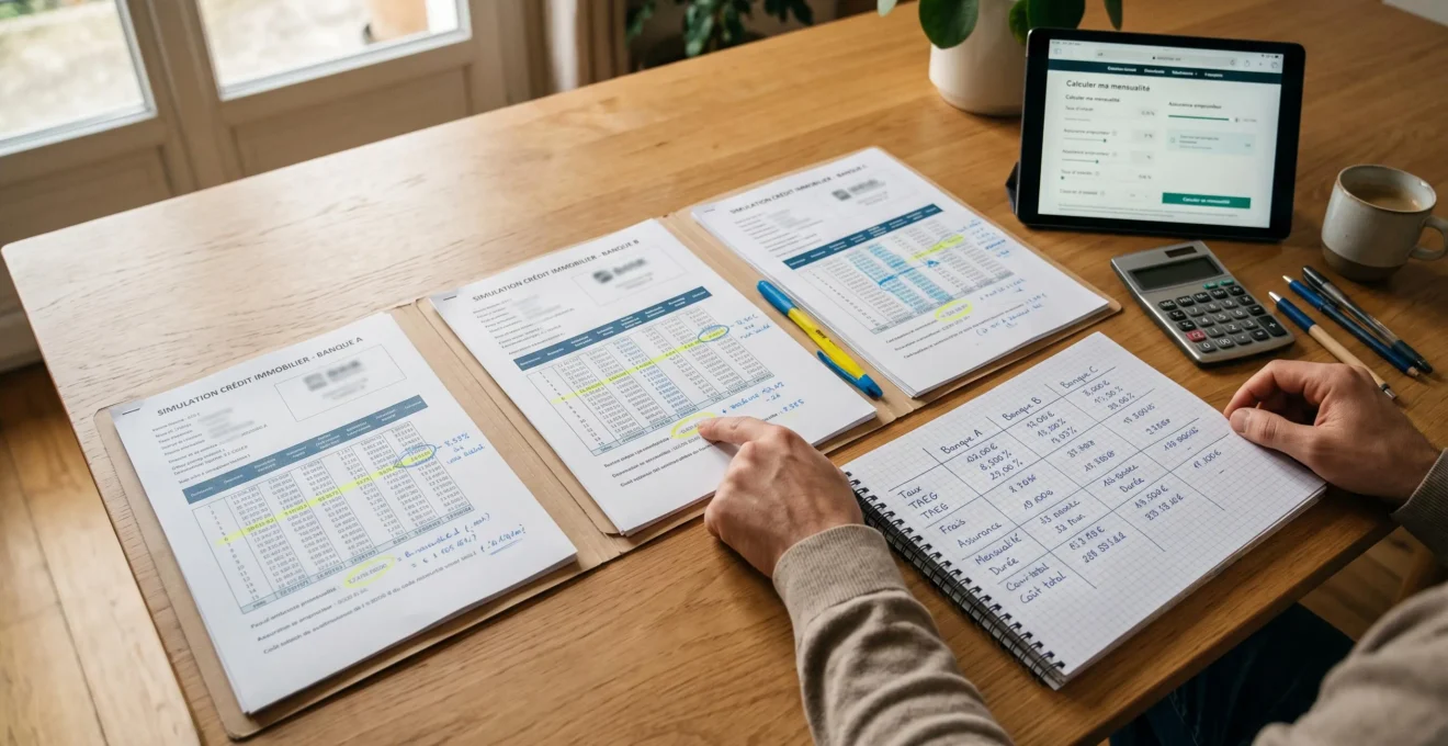Table de travail avec trois dossiers de simulation de crédit bancaire comparés, surligneur, calculatrice, carnet de notes manuscrit et mains pointant un taux d'intérêt