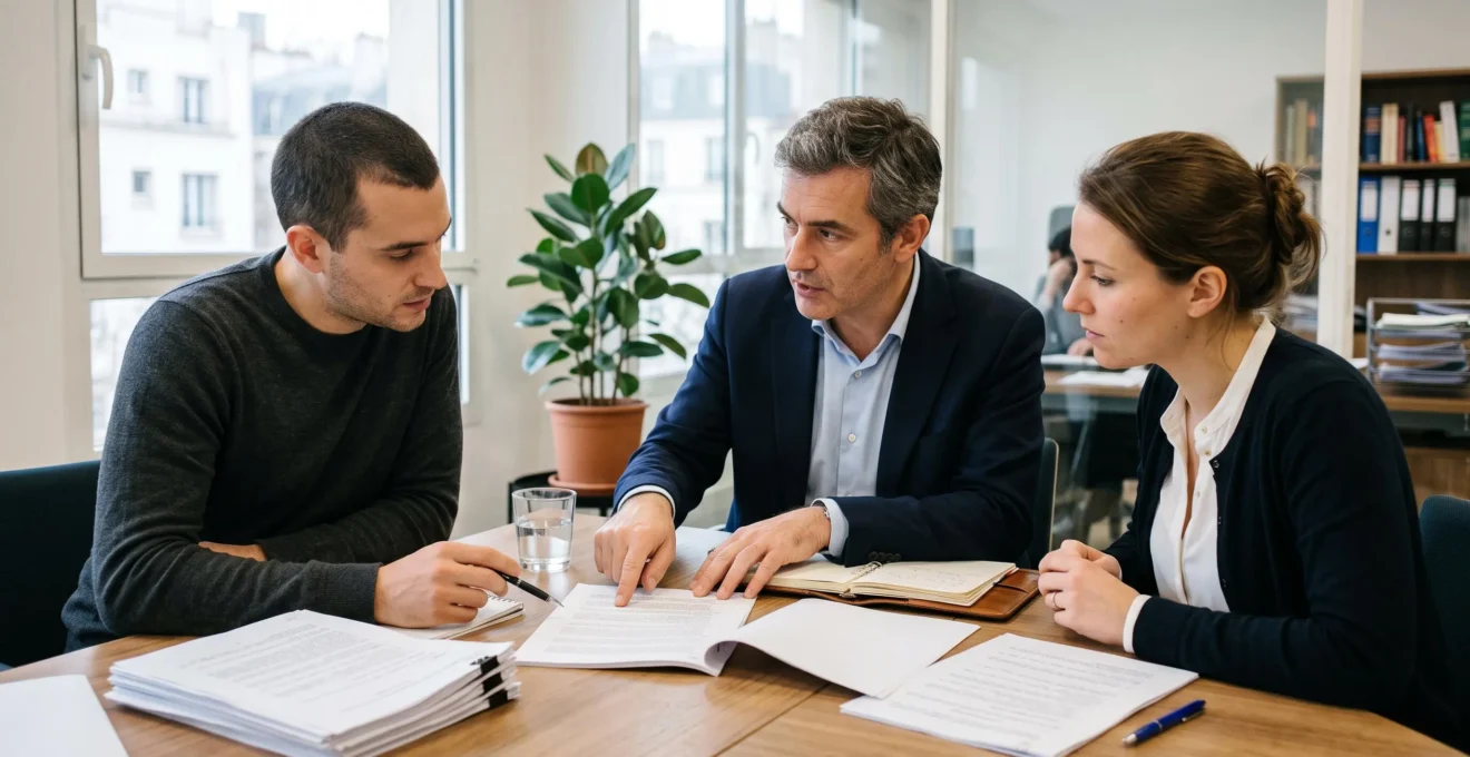 Trois professionnels examinent ensemble des documents de statuts de SCI autour d'un bureau dans un environnement professionnel moderne