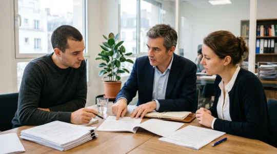 Trois professionnels examinent ensemble des documents de statuts de SCI autour d'un bureau dans un environnement professionnel moderne