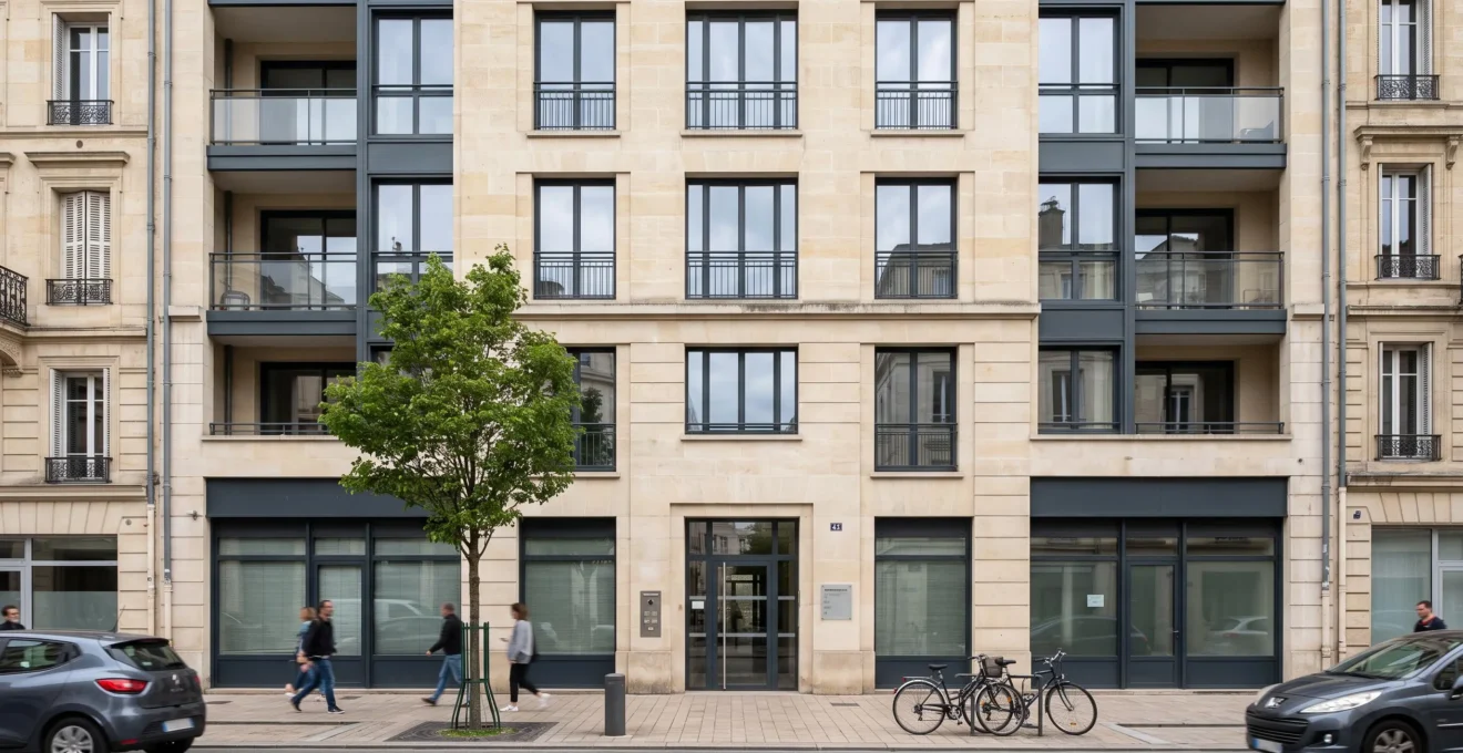 Façade d'un immeuble professionnel moderne en milieu urbain français pouvant servir de siège social pour une SCI