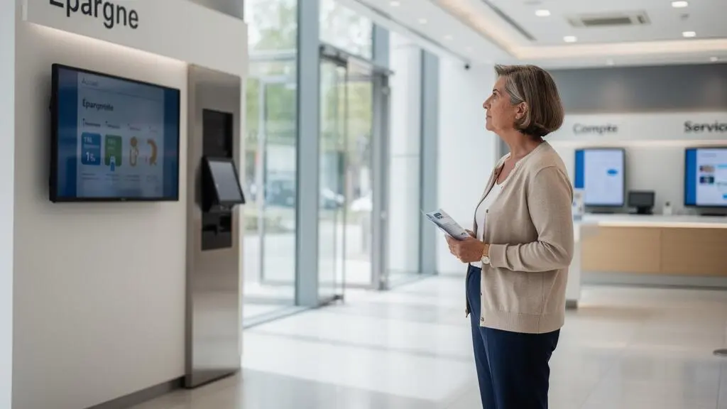 Cliente d'une banque française debout dans une agence moderne, consultant des informations sur les produits d'épargne disponibles
