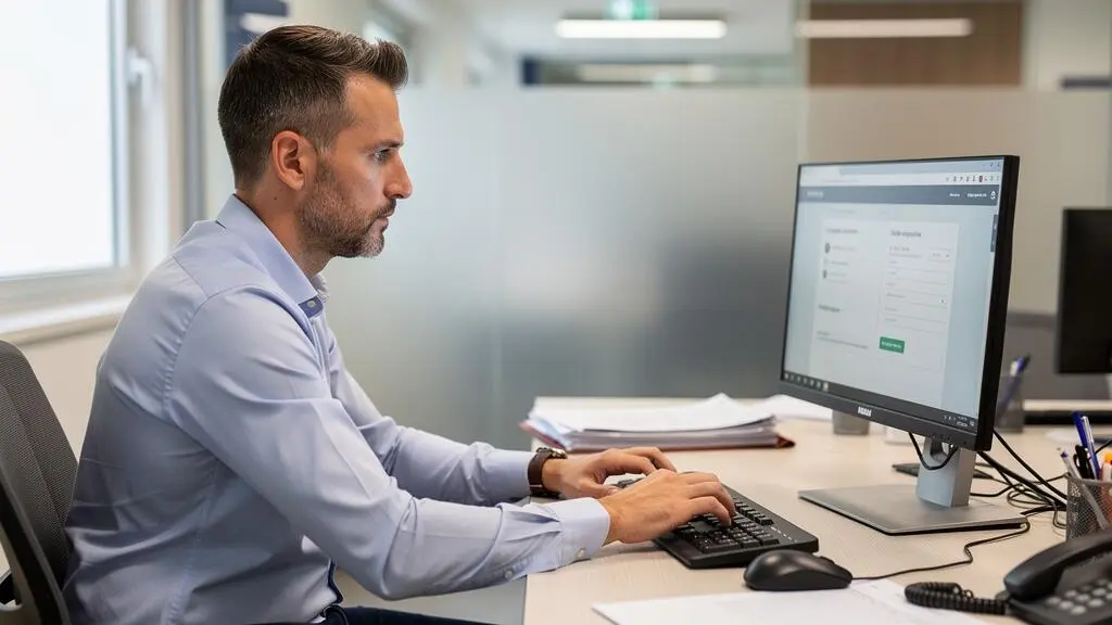 Conseiller bancaire effectuant une opération administrative sur son système informatique professionnel dans une agence française