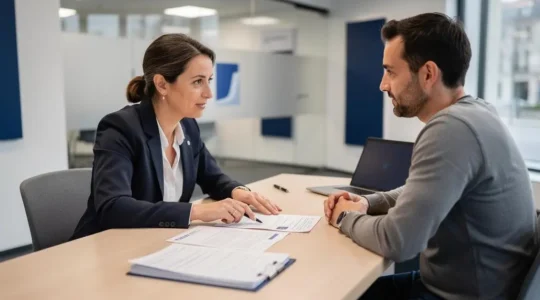 Conseillère bancaire et client en consultation à un bureau d'agence bancaire française, examinant ensemble des documents relatifs à un Plan Épargne Logement