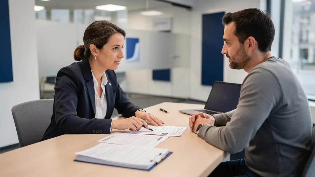 Conseillère bancaire et client en consultation à un bureau d'agence bancaire française, examinant ensemble des documents relatifs à un Plan Épargne Logement