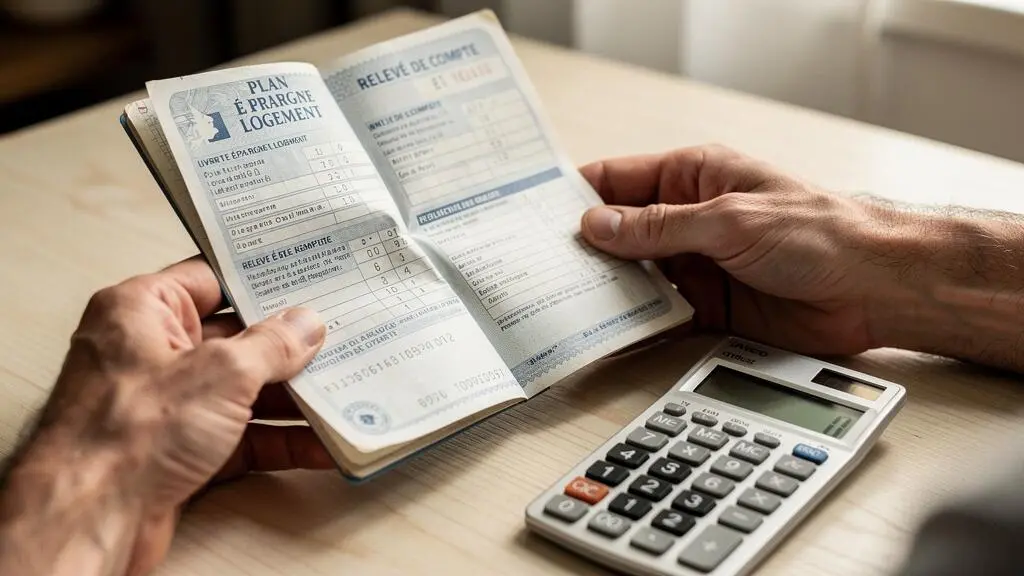 Mains d'un épargnant consultant un livret de Plan Épargne Logement avec une calculatrice sur une table de travail à domicile